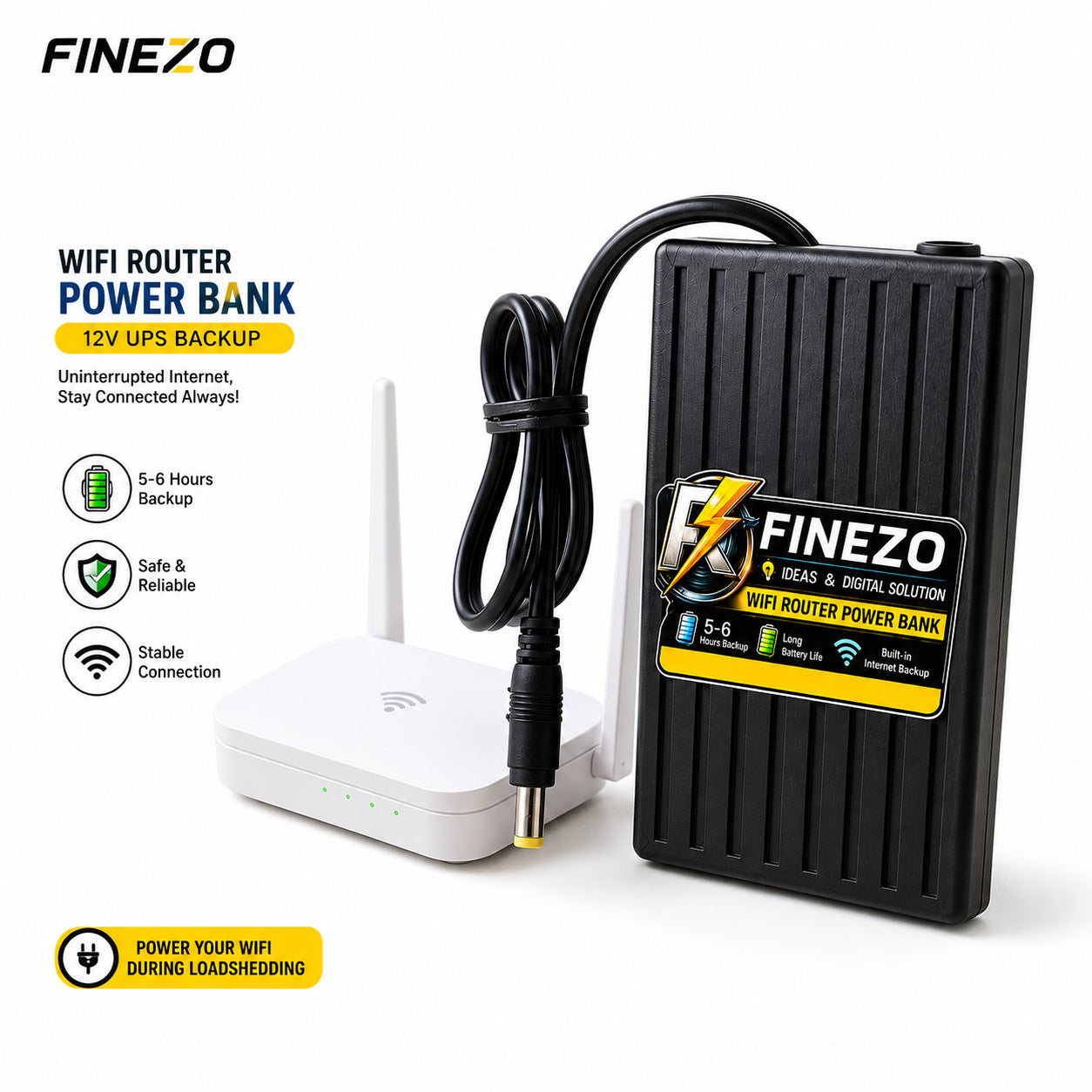 Finezo WiFi Router Power Bank 12V 6000mAh – 0.5A/1A Mini UPS, 6+ Hours Backup for WiFi Router & Modem – Portable Internet Power Backup - 12 Volt