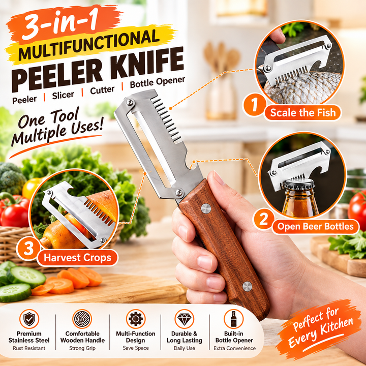3-in-1 Stainless Steel Peeler Knife | Vegetable & Fruit Peeler, Slicer, Cutter & Bottle Opener with Wooden Handle