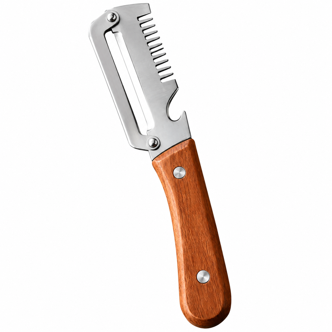 3-in-1 Stainless Steel Peeler Knife | Vegetable & Fruit Peeler, Slicer, Cutter & Bottle Opener with Wooden Handle