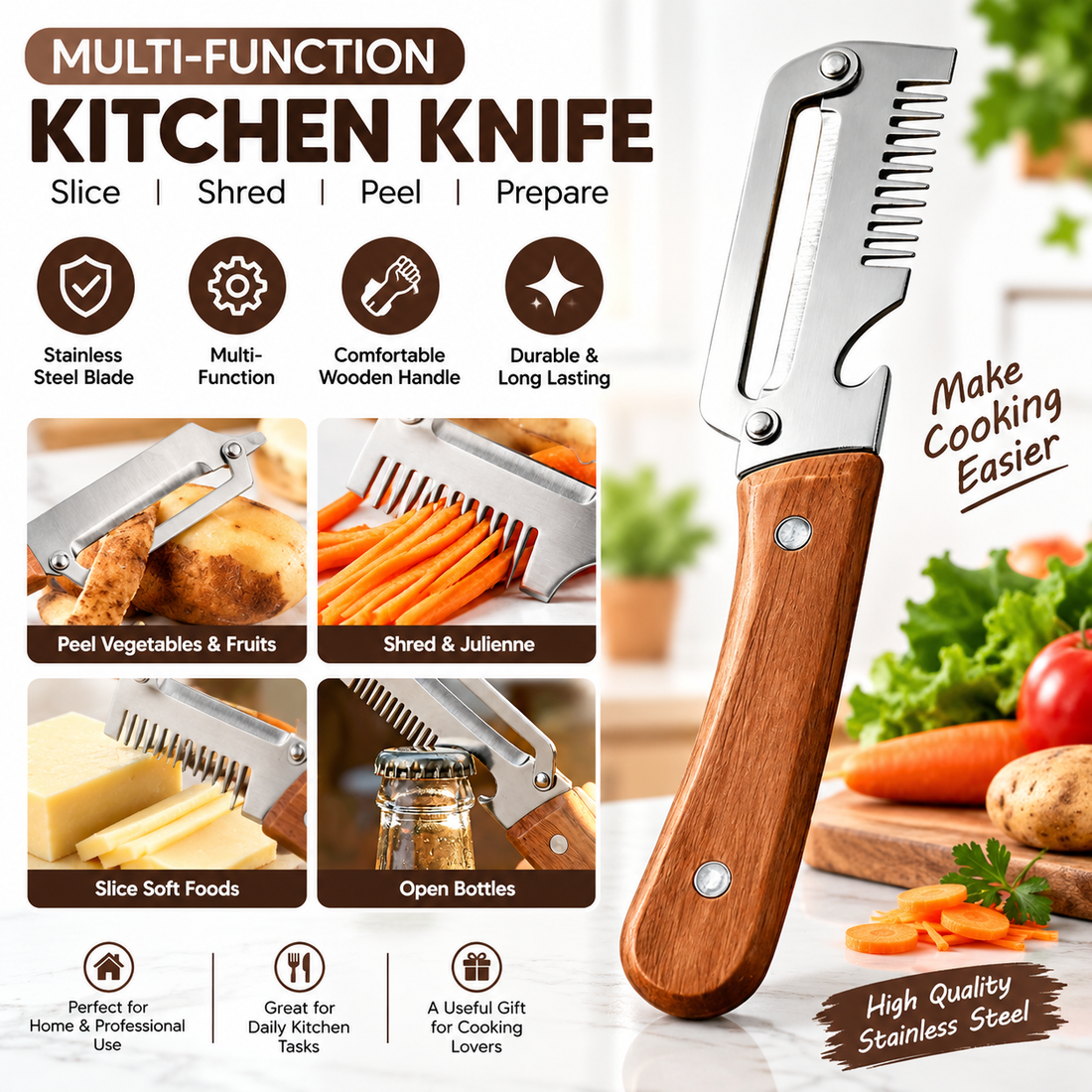 3-in-1 Stainless Steel Peeler Knife | Vegetable & Fruit Peeler, Slicer, Cutter & Bottle Opener with Wooden Handle